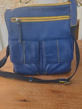Mywalit Cortona Double Pocket Soft Blue Leather  Bag with Yellow Accents Y2k